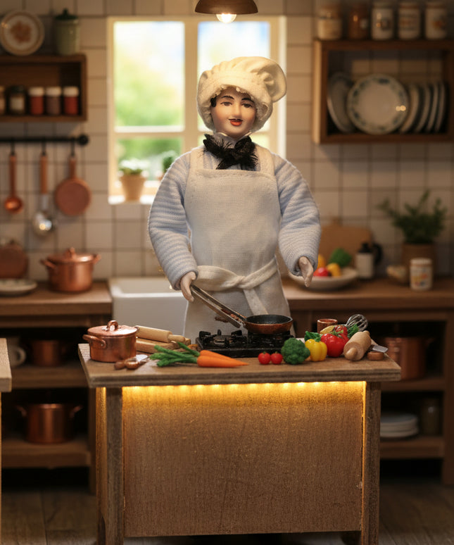 Miniaturpuppe "Der Koch" aus Porzellan für Puppenstube, 1:12