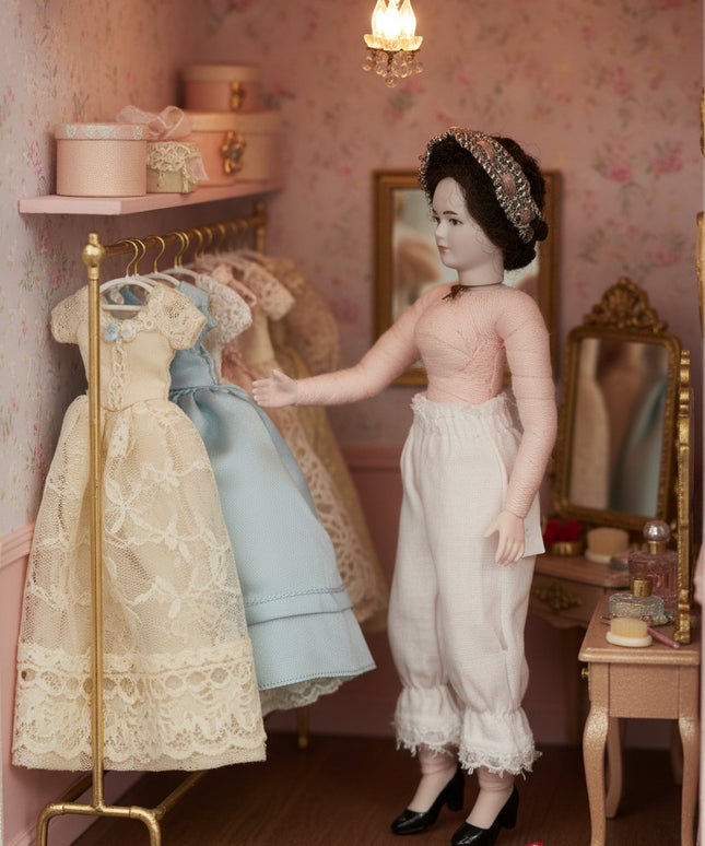 Miniaturpuppe "Die Dame" aus Porzellan für Puppenstube, 1:12
