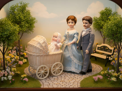 Miniaturpuppe aus Porzellan mit Spitzenkleidchen, 1:12