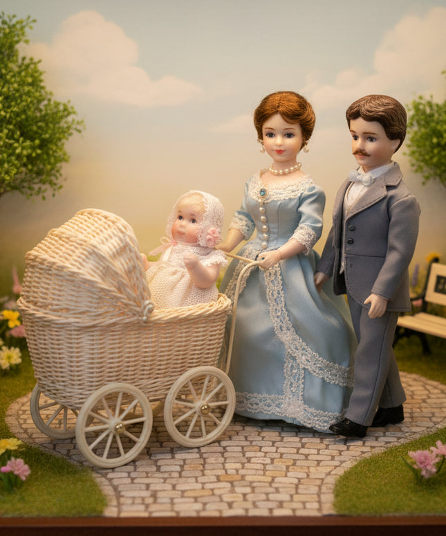 Miniaturpuppe aus Porzellan mit Spitzenkleidchen, 1:12