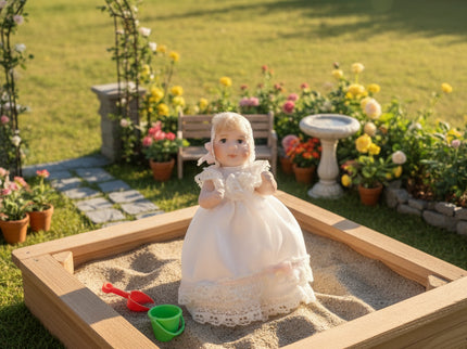 Miniaturpuppe aus Porzellan mit Seidenkleidchen, 1:12