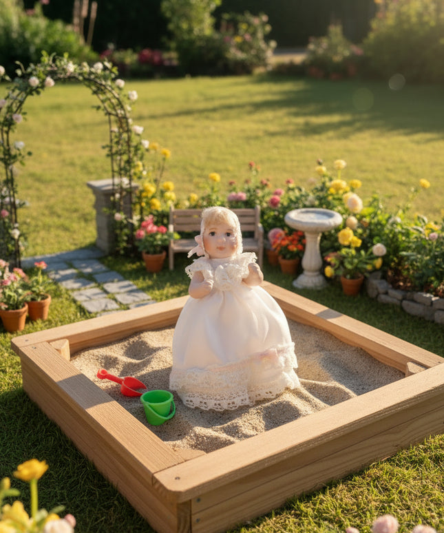 Miniaturpuppe aus Porzellan mit Seidenkleidchen, 1:12