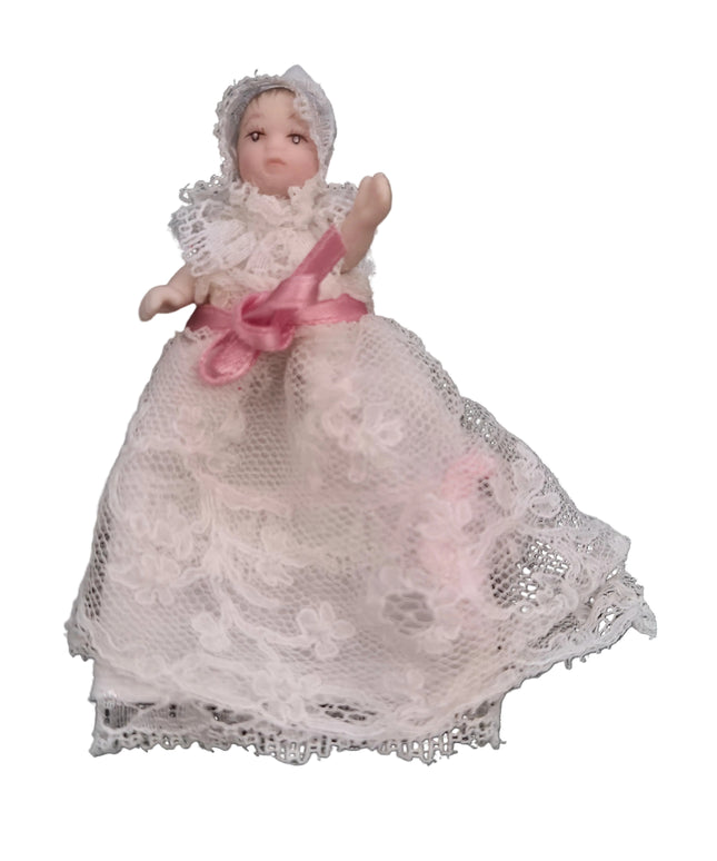 Miniaturpuppe aus Porzellan mit Spitzenkleidchen, 1:12