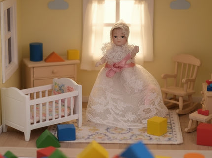 Miniaturpuppe aus Porzellan mit Spitzenkleidchen, 1:12