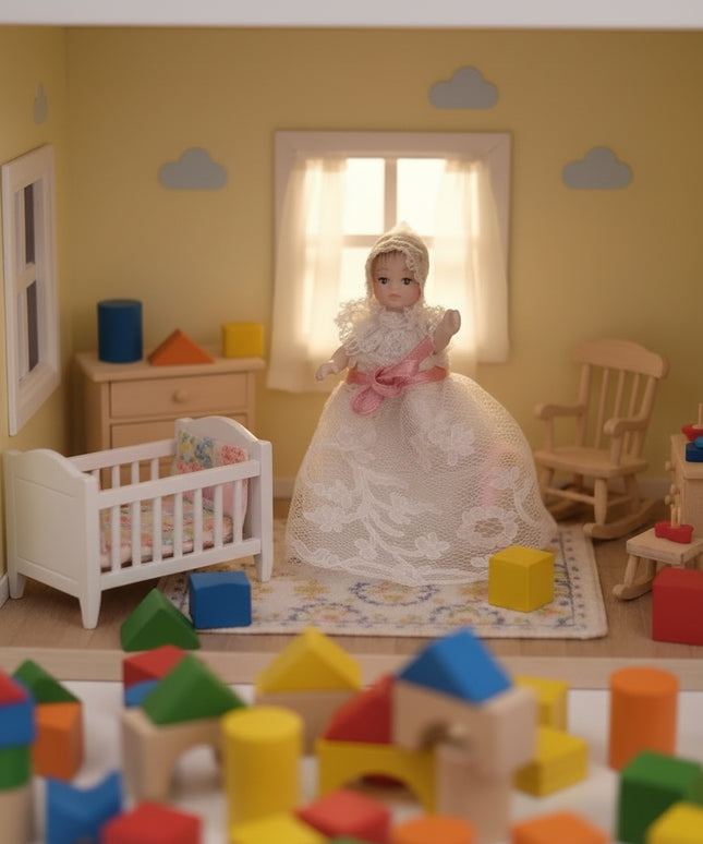 Miniaturpuppe aus Porzellan mit Spitzenkleidchen, 1:12