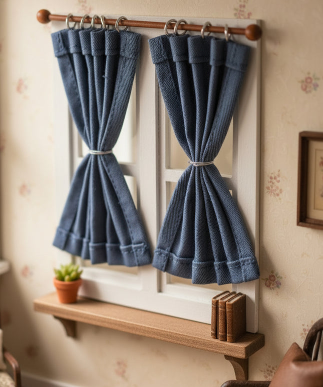 Vorhang mit Blauem Stoff für Puppenhaus 1:12