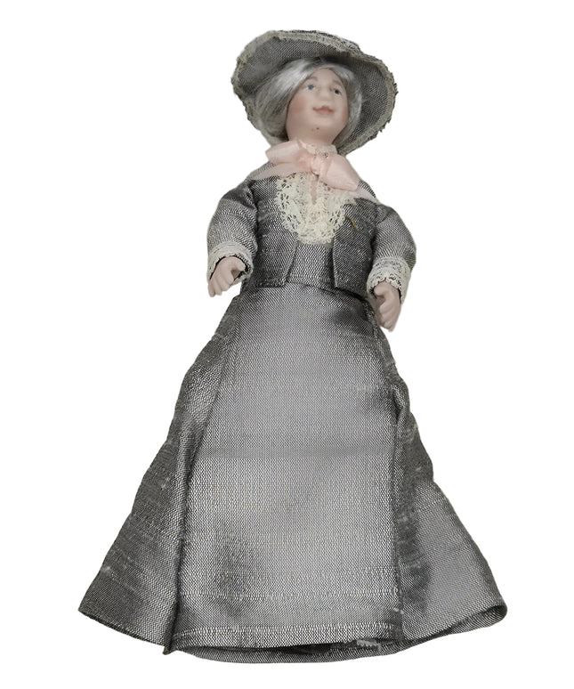 Dame in Grauem Kleid mit Hut für Puppenhaus 1:12