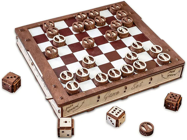 EWA - Spiele Set Schach, Dame, Battle - Puzzle - Holzbausatz