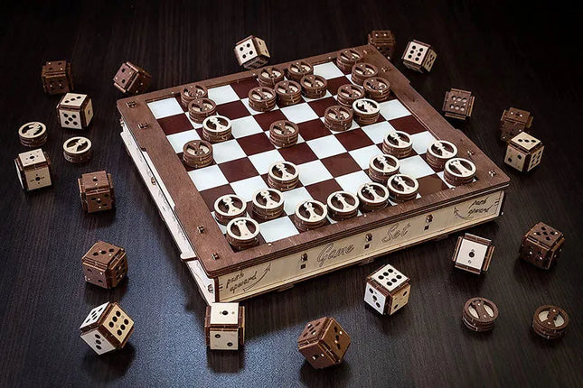EWA - Spiele Set Schach, Dame, Battle - Puzzle - Holzbausatz