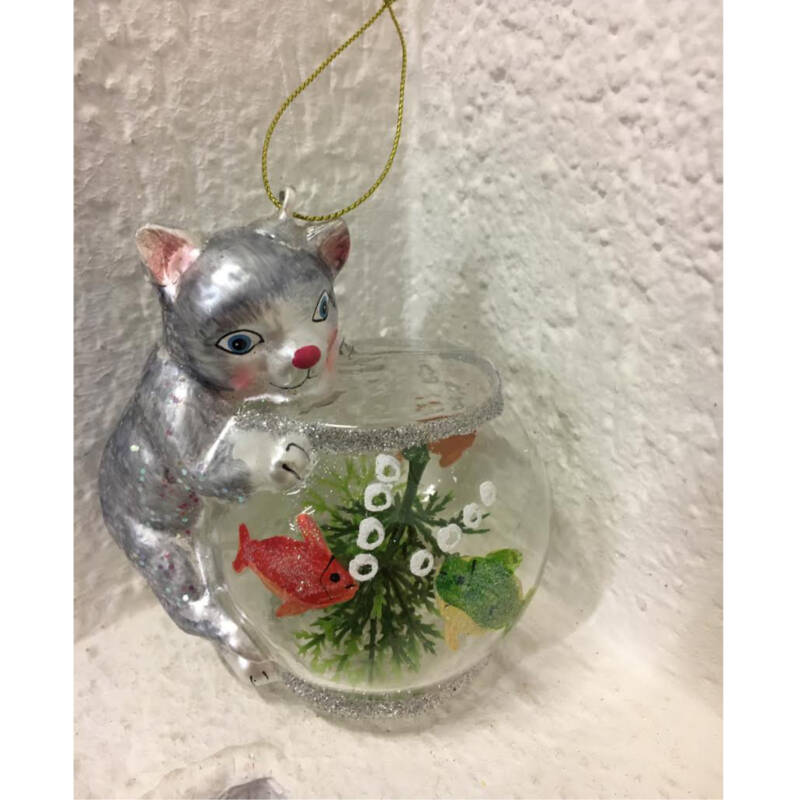 Ludibrium-Baumschmuck - Glasornament - Katze grau mit Fischglas