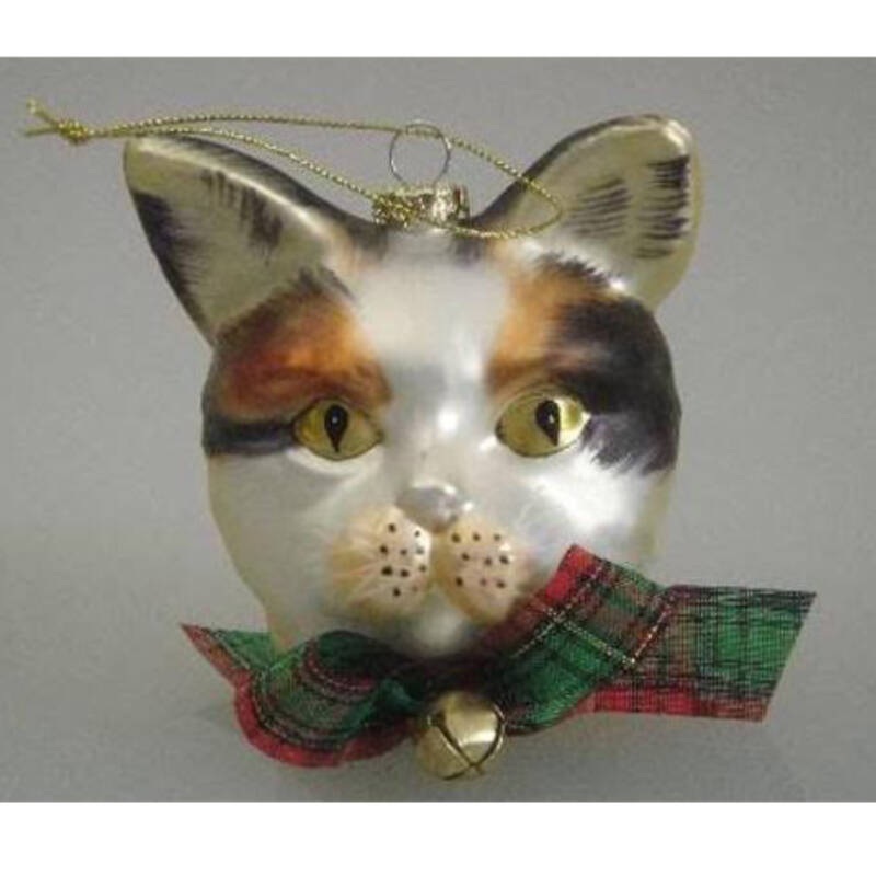 Ludibrium-Baumschmuck - Glasornament - Katzenkopf weiss/braun/schwarz mit gelben Augen