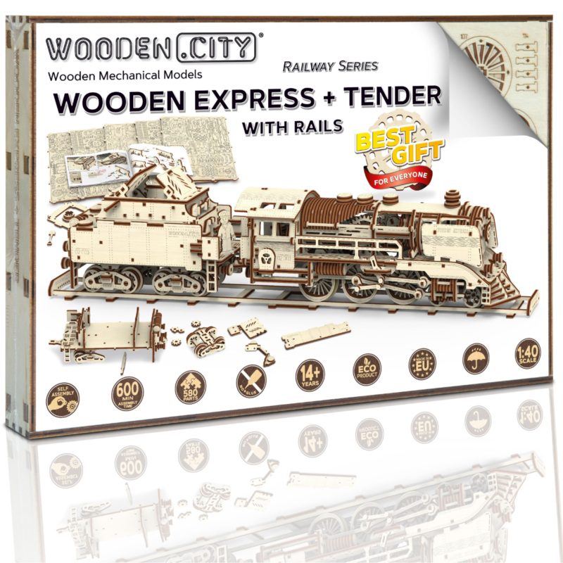 Ludibrium-Wooden.City - Wooden Express mit Tender + Schienen WR323 - Holzbausatz