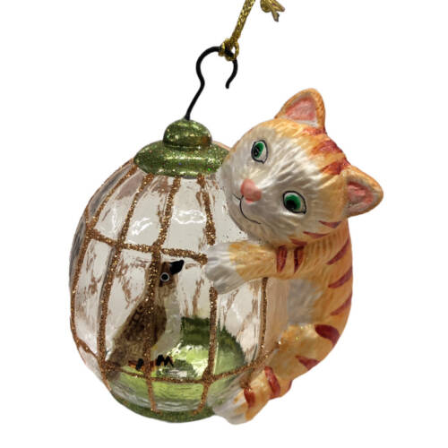 Baumschmuck - Glasornament - Katze am Vogelkäfig